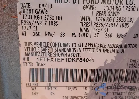 2013 Ford F-150 Xl из США, поврежденный, VIN 1FTFX1EF1DKF84041